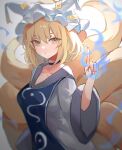  1girl absurdres blonde_hair fox_girl fox_tail hat highres index_finger_raised kani_nyan kitsune looking_at_viewer mob_cap multiple_tails parted_lips short_hair solo tabard tail touhou upper_body white_headwear yakumo_ran yellow_eyes 