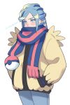  1boy aqua_eyes aqua_hair blue_mittens blush commentary_request cowboy_shot green_pants grusha_(pokemon) jacket long_hair male_focus momoji_(lobolobo2010) pants poke_ball_print pokemon pokemon_(game) pokemon_sv scarf scarf_over_mouth simple_background solo striped striped_scarf twitter_username white_background yellow_jacket 