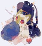  :3 backpack bag black_bag black_footwear blue_headwear cat closed_mouth commentary_request fang hat highres looking_up mouth_hold no_humans oharu-chan poke_ball poke_ball_(basic) pokemon pokemon_(creature) red_eyes shoes smile solo sparkle sprigatito 