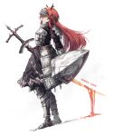  1girl absurdres alternate_costume arknights armor commentary english_commentary franlol from_side greatsword highres holding holding_shield holding_sword holding_weapon horns long_hair red_eyes redhead shield shoulder_armor simple_background solo standing surtr_(arknights) sword weapon white_background 