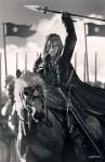  1boy absurdres advarcher arm_up armor cape clouds commentary english_commentary flag full_body glasses gloves greyscale hair_between_eyes highres holding holding_polearm holding_weapon holostars holostars_english horseback_riding jacket long_hair looking_at_viewer male_focus monochrome multicolored_hair multiple_swords noir_vesper parted_lips polearm riding sheath sheathed shoulder_armor soldier solo_focus spear streaked_hair virtual_youtuber weapon 