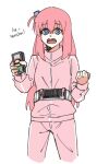 1girl blue_eyes bocchi_the_rock! clenched_hand crossover dress gotou_hitori highres holding holding_phone jacket kamen_rider kamen_rider_555 masruu open_mouth phone pink_dress pink_hair track_jacket track_suit 