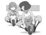  2girls anger_vein bangs bob_cut boots closed_eyes clothes_around_waist driving freckles girls_und_panzer gloves greyscale grin ground_vehicle highres jumpsuit long_sleeves looking_at_another looking_back mechanic monochrome motor_vehicle motorcycle multiple_girls nakajima_(girls_und_panzer) renshiu shadow short_hair smile tank_top tsuchiya_(girls_und_panzer) uniform 