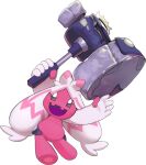  :d arm_up colored_skin commentary_request full_body hammer holding holding_hammer messier_number open_mouth outstretched_arm pink_skin pokemon pokemon_(creature) smile solo tinkaton tongue transparent_background 