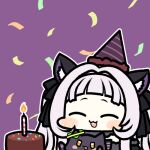  1girl animal_ear_fluff animal_ears bangs birthday_cake black_ribbon blunt_bangs blush cake cat_ears cat_girl chibi closed_eyes food grey_hair hair_ribbon happy_birthday hat hololive jazz_jack long_hair lowres murasaki_shion open_mouth purple_background ribbon shiokko_(murasaki_shion) smile twintails virtual_youtuber 