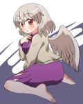  1girl barefoot blush dress feathered_wings feet full_body grey_hair grey_jacket hair_between_eyes highres jacket kishin_sagume long_sleeves open_clothes open_jacket parted_lips purple_dress red_eyes rokugou_daisuke short_hair signature single_wing solo toes touhou white_wings wings 