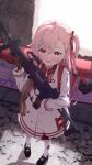  1girl absurdres age_regression aged_down ammunition_belt black_gloves bow braid child dress from_above full_body girls_frontline gloves gun hair_ornament hairclip hexagram highres holding holding_gun holding_weapon imi_negev loafers long_hair machine_gun negev_(girls&#039;_frontline) negev_(little_drifter)_(girls&#039;_frontline) official_alternate_costume one_side_up pink_hair red_bow red_eyes shell_casing shoes side_braid standing star_of_david taitan weapon weapon_bag weapon_case white_dress 