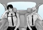  1boy 1girl bangs car_interior car_seat chainsaw_man closed_mouth expressionless eye_mask formal haevaf hair_over_one_eye kishibe_(chainsaw_man) kishibe_(young)_(chainsaw_man) monochrome necktie quanxi_(chainsaw_man) short_hair sitting spot_color suit upper_body window 