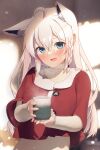  1girl absurdres ahoge animal_ear_fluff animal_ears bangs blurry blurry_background blush braid commentary_request cup earrings extra_ears fox_ears fox_girl fox_tail green_eyes hair_between_eyes highres holding holding_cup hololive jewelry long_hair looking_at_viewer open_mouth shirai_yu shirakami_fubuki sidelocks single_braid solo tail virtual_youtuber white_hair yunomi 