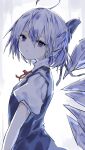  1girl :/ bangs blue_bow blue_eyes blue_hair blue_vest bow cirno closed_mouth commentary_request from_side hair_between_eyes hair_bow head_tilt highres ice ice_wings looking_at_viewer pocche-ex red_ribbon ribbon short_hair short_sleeves solo touhou upper_body vest wings 