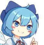  1586611428 1girl blue_background blue_bow blue_eyes blue_hair blush bow cirno closed_mouth collared_shirt detached_wings gradient gradient_background hair_between_eyes hair_bow ice ice_wings looking_at_viewer lowres neck_ribbon red_ribbon ribbon shirt short_hair simple_background smile solo thumbs_up touhou v-shaped_eyebrows white_shirt wings 