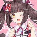  1girl ;3 animal_ears aulyss_(aucrowne) bangs bell blunt_bangs blush bow breasts brown_hair cat_ears cat_girl chocola collar dot_nose eyebrows_hidden_by_hair eyelashes gem hair_bow hair_ribbon happy highres long_hair looking_at_viewer neck_bell nekopara one_eye_closed open_mouth paw_panties pink_background polka_dot polka_dot_background polka_dot_bow polka_dot_shirt puffy_short_sleeves puffy_sleeves purple_ribbon red_gemstone red_shirt ribbon shirt shirt_bow short_sleeves sidelocks signature slit_pupils solo twintails white_collar yellow_eyes 