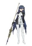  1girl absurdres black_gloves blue_hair full_body gloves green_eyes hair_ornament hairclip highres holding holding_polearm holding_weapon jaeyeong long_hair original pants parted_lips polearm simple_background solo spear very_long_hair weapon white_background white_pants 