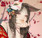  1girl animal_ears bangs black_hair blue_flower bracelet branch commentary dated_commentary english_commentary facial_mark fingernails flower fox_ears fox_girl fox_mask hand_on_own_chin highres japanese_clothes jewelry jung_wonjo kimono lips long_fingernails long_hair looking_at_viewer mask original parted_lips pink_background portrait red_flower red_kimono solo tassel teeth violet_eyes whisker_markings yellow_flower 