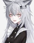  1girl animal_ears apron arknights bangs black_shirt breasts collared_shirt commentary fangs frilled_apron frills grey_eyes grey_hair hair_between_eyes hair_ornament hairclip highres lappland_(arknights) long_hair long_sleeves looking_at_viewer open_mouth scar scar_across_eye shirt simple_background small_breasts smile solo teeth thehprm twitter_username upper_body white_apron white_background wolf_ears wolf_girl 