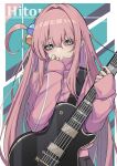  1girl absurdres bangs black_skirt blue_eyes bocchi_the_rock! character_name chinese_commentary commentary_request cube_hair_ornament electric_guitar gibson_les_paul gotou_hitori guitar hair_between_eyes hair_ornament hair_over_eyes hands_up highres holding holding_instrument instrument jacket light_blush long_hair long_sleeves looking_at_viewer natsugou_shinogi one_side_up open_mouth pink_hair pink_jacket pink_nails pleated_skirt skirt sleeves_past_wrists solo standing teeth track_jacket upper_body very_long_hair 