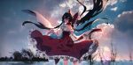  1girl back_bow bare_shoulders bare_tree bow brown_eyes brown_hair clouds cloudy_sky commentary day detached_sleeves feet_out_of_frame floating_hair frilled_bow frilled_hair_tubes frills hair_between_eyes hair_bow hair_tubes hakurei_reimu highres long_hair looking_at_viewer looking_back outdoors parted_lips ponytail red_bow red_skirt sarashi shori_bun sidelocks skirt sky solo symbol-only_commentary touhou tree very_long_hair white_sleeves wide_sleeves 