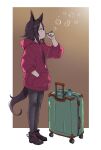  1girl animal_ears black_leggings brown_eyes brown_hair bubble bubble_blowing bubble_pipe from_side full_body hand_in_pocket highres horse_ears horse_girl horse_tail jacket leggings linne_(ruielinne) original profile red_jacket rolling_suitcase shoes sneakers solo tail 