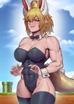  1girl abs absurdres animal_ears bare_arms bare_pectorals bare_shoulders biceps black_leotard black_thighhighs blonde_hair blue_eyes blush bowsette breasts collar collarbone crown deltoids dragon_tail genderswap genderswap_(mtf) highres horns large_breasts leotard looking_at_viewer muscular muscular_female neck_ribbon new_super_mario_bros._u_deluxe pectorals pointy_ears rabbit_ears ribbon sharp_teeth short_hair smile speedl00ver strapless strapless_leotard super_crown super_mario_bros. tail teeth the_super_mario_bros._movie thick_thighs thigh-highs thighs wristband 