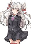  1girl alternate_costume amatsukaze_(kancolle) arms_behind_back black_jacket black_skirt blazer brown_eyes fuji_(pixiv24804665) grey_hair hair_tubes highres jacket kantai_collection long_hair neck_ribbon pink_ribbon pleated_skirt red_thighhighs ribbon school_uniform simple_background skirt solo thigh-highs two_side_up white_background 
