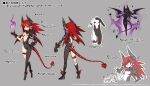  1girl back bangs company_name copyright demon_girl disembodied_torso disgaea_rpg earrings etna_(disgaea) flat_chest full_body grey_background jewelry long_hair long_tail multiple_views non-web_source open_clothes pointy_ears prinny red_eyes red_tail red_wings redhead reference_sheet simple_background slit_pupils solo standing tail text_focus turnaround wings 