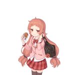  1girl bag black_thighhighs eating food food_on_face holding holding_food jacket long_hair looking_at_viewer official_art pink_hair pink_jacket pleated_skirt princess_connect! red_ribbon red_skirt ribbon rin_(princess_connect!) rin_(real)_(princess_connect!) school_bag school_uniform shoulder_bag skirt tachi-e thigh-highs transparent_background 