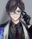  1boy adjusting_eyewear black_gloves black_hair black_shirt blue_coat coat coat_on_shoulders collar_chain collared_shirt gloves gradient_necktie grey_background hair_between_eyes highres koshika_rina looking_at_viewer male_focus mole mole_on_neck multiple_moles necktie nijisanji o-ring purple_necktie shikinagi_akira shirt short_hair simple_background smile solo stole upper_body violet_eyes virtual_youtuber 