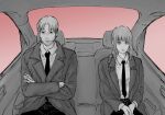  1boy 1girl bangs braid car_interior car_seat chainsaw_man closed_mouth coat expressionless formal haevaf kishibe_(chainsaw_man) makima_(chainsaw_man) monochrome necktie overcoat short_hair sidelocks single_braid sitting spot_color suit upper_body window 