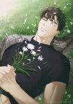  1boy artist_name black_shirt brown_hair copyright_name daisy flannel flower green_eyes holding holding_flower jaxx_s2 looking_at_viewer matthew_raynor muscular muscular_male on_grass one_eye_closed petals shirt solo under_the_greenlight white_flower 
