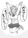  1girl arms_up bow bowtie breasts closed_eyes full_body greyscale hashimoto_kurara large_breasts midair miniskirt monochrome open_mouth original pleated_skirt skirt sleeves_past_wrists smile socks solo sweater tears translation_request 