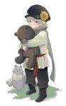  1boy aged_down animal axis_powers_hetalia bangs black_footwear black_headwear black_pants boots cat child closed_mouth flower full_body grey_scarf hat hat_flower highres holding long_sleeves looking_at_viewer male_child male_focus object_hug pants russia_(hetalia) sash scarf simple_background standing stuffed_animal stuffed_toy sunflower teddy_bear uka402 violet_eyes white_background 