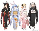  4girls ahoge alternate_costume animal_bag animal_ear_fluff animal_ears bag bangs bell black_footwear black_gloves black_hair black_kimono black_ribbon blonde_hair blue_eyes blue_hair blush bow braid brooch carrot_hair_ornament checkered_sash closed_mouth commentary don-chan_(usada_pekora) floral_print food-themed_hair_ornament french_braid full_body fur_scarf gem geta gloves grey_hair hair_ornament hair_ribbon hairclip handbag head_tilt highres holding holding_bag hololive horns japanese_clothes jewelry kimono lace lace_gloves licking_lips light_blue_hair lion_ears lion_girl lion_tail looking_at_viewer multicolored_hair multiple_girls obiage obijime official_art okobo ol_mahonanoka one_eye_closed ookami_mio open_mouth orange_eyes own_hands_together platform_footwear ponytail rabbit_ears rabbit_girl red_bow red_eyes red_footwear red_gemstone redhead ribbon sheep_ears sheep_girl sheep_horns shishiro_botan sidelocks simple_background smile standing streaked_hair swept_bangs tabi tail tassel tassel_hair_ornament thick_eyebrows tongue tongue_out tsunomaki_watame twin_braids twintails two-tone_hair usada_pekora virtual_youtuber watermark wavy_hair white_background white_hair wide_sleeves wolf_ears wolf_girl yellow_footwear yukata 