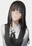  1girl absurdres ao_desu2222 bangs black_hair blue_background brown_eyes chainsaw_man grin highres long_hair looking_at_viewer scar scar_on_face school_uniform simple_background smile solo yoru_(chainsaw_man) 