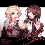  2girls black_hair blonde_hair blue_eyes blush breasts bs_maem buried_stars dress hair_between_eyes heart holding jacket jewelry long_hair long_sleeves min_juyoung multiple_girls oh_inha open_mouth shirt short_hair simple_background teeth white_background white_dress 