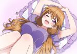 1girl absurdres arms_up bangs birthday blush breasts commentary highres konoe_kanata large_breasts long_hair looking_at_viewer love_live! love_live!_nijigasaki_high_school_idol_club low_twintails lying on_back one_eye_closed orange_hair pillow purple_shirt shirt short_sleeves smile solo twintails violet_eyes zero-theme 