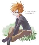 1boy black_footwear black_jacket blue_oak boots brown_eyes brown_pants closed_mouth from_side grass jacket male_focus orange_hair own_hands_together pants pokemon pokemon_(game) pokemon_hgss short_hair sitting solo spiky_hair sumeragi1101 translation_request 