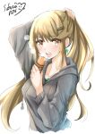  1girl absurdres artist_name bangs black_hoodie blonde_hair chest_jewel cropped_torso earrings food highres holding holding_food hood hoodie jewelry long_hair long_sleeves looking_at_viewer mythra_(xenoblade) open_mouth ponytail simple_background sketch sofusan1526 solo upper_body white_background xenoblade_chronicles_(series) xenoblade_chronicles_2 yellow_eyes 