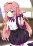 1girl absurdres backpack bag bangs black_hairband black_skirt blue_eyes blurry blurry_background blush bow breasts closed_mouth collared_shirt commentary_request depth_of_field dress_shirt feathered_wings hairband hands_up head_wings highres hololive long_hair looking_at_viewer okota_mikan pink_hair pink_wings pleated_skirt puffy_short_sleeves puffy_sleeves purple_bow shirt short_sleeves skirt small_breasts smile solo takane_lui very_long_hair virtual_youtuber white_shirt wings 