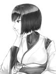  1girl black_eyes black_hair breasts desk greyscale hand_on_own_face highres hyuuga_(kancolle) kantai_collection kurou_(bcrow) large_breasts looking_to_the_side monochrome nontraditional_miko short_hair undershirt 