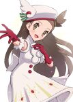  1girl :d armlet brown_eyes brown_hair buttons commentary_request dress eyelashes gloves gonzarez happy hat highres jasmine_(holiday_2022)_(pokemon) jasmine_(pokemon) long_hair official_alternate_costume one_side_up open_mouth outstretched_arm pokemon pokemon_(game) pokemon_masters_ex red_gloves smile solo sparkle spread_fingers tongue white_background white_dress white_headwear 