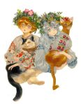  2girls 5hgohi :o animal bead_necklace beads blue_eyes borrowed_character brown_hair cat clothed_animal cropped_torso flower_wreath grey_hair head_wreath holding holding_animal jewelry long_hair long_sleeves looking_at_viewer multiple_girls necklace original puffy_long_sleeves puffy_sleeves short_hair simple_background smile traditional_clothes upper_body violet_eyes white_background yellow_eyes 