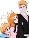  1boy 1girl ? animal_ears bleach blue_hoodie collarbone couple english_commentary family father_and_son fox_ears height_difference hetero highres hood hoodie husband_and_wife inoue_orihime kurosaki_ichigo kurosaki_kazui long_hair long_sleeves looking_at_another mother_and_son open_mouth orange_hair pink_sweater rozuberry short_hair sweater upper_body 