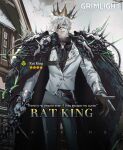  1boy bangs bow bowtie cape crown eyepatch formal fur_cape grimlight long_sleeves male_focus official_art parted_lips rat_king_(grimlight) solo suit white_hair 