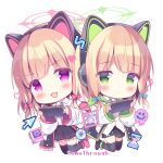  2girls :3 :d animal_ear_headphones animal_ears azumi_kazuki bangs black_footwear black_shorts black_skirt black_thighhighs blonde_hair blue_archive blue_bow blue_necktie blush bow chibi collared_shirt commentary_request cursor dress_shirt fake_animal_ears full_body green_eyes hair_bow halo handheld_game_console headphones holding hourglass jacket long_sleeves midori_(blue_archive) momoi_(blue_archive) multiple_girls necktie open_clothes open_jacket parted_lips pixelated pleated_skirt red_bow red_footwear shirt shoes short_shorts shorts siblings sidelocks simple_background sisters skirt sleeves_past_wrists smile thigh-highs twins violet_eyes white_background white_jacket white_shirt wide_sleeves 