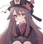  1girl :o absurdres artist_name bangs blush boo_tao_(genshin_impact) brown_eyes brown_hair chinese_clothes chinese_hat commentary_request cowboy_shot fang flower genshin_impact hat hat_flower head_tilt highres hu_tao_(genshin_impact) knees_up long_hair looking_at_viewer parted_bangs parted_lips porkpie_hat red_shirt roku_6 shirt sidelocks simple_background skin_fang smile solo star-shaped_pupils star_(symbol) symbol-shaped_pupils tassel top_hat twintails twitter_username very_long_hair white_background 