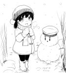  1girl alternate_costume beanie boots coat curse_(023) full_body hat hiburi_(kancolle) kantai_collection lineart low_ponytail mittens monochrome sailor_hat scarf short_hair snowman solo standing winter_clothes winter_coat 