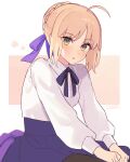  1girl artoria_pendragon_(fate) bangs black_pantyhose blue_ribbon blush braid breasts collar collared_shirt fate/grand_order fate/stay_night fate_(series) flower green_eyes hair_between_eyes hair_ribbon highres long_sleeves open_mouth pantyhose pink_flower ribbon saber shadow shirt short_hair simple_background sitting skirt small_breasts solo uxco0 white_shirt white_skirt 
