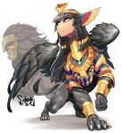  1girl artist_name black_fur black_hair black_wings bracer braid claws closed_mouth dark-skinned_female dark_skin egyptian egyptian_clothes fate/grand_order fate_(series) feathered_wings full_body fur-tipped_tail highres human_head jewelry lion_tail long_hair looking_at_viewer monster_girl neck_ring original shadow sido_(slipknot) simple_background solo sphinx standing tail usekh_collar white_background white_eyes wings 