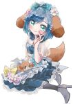  1girl animal_ears apron aqua_eyes bangs blue_dress blue_hair blush bow commentary delicious_party_precure dog_ears dog_girl dog_tail dress duko fuwa_kokone high_heels highres pam-pam_(precure) precure see-through see-through_sleeves short_hair smile solo tail white_background 