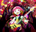  1girl @_@ bangs bass_guitar black_bow black_jacket black_nails blunt_bangs bocchi_the_rock! bow braid dress green_dress gunjima_souichirou hair_bow hair_over_shoulder highres hiroi_kikuri holding holding_instrument instrument jacket long_hair long_sleeves medium_dress multicolored_clothes multicolored_jacket music open_clothes open_jacket playing_instrument purple_hair ringed_eyes sharp_teeth single_braid teeth two-tone_jacket violet_eyes white_jacket 